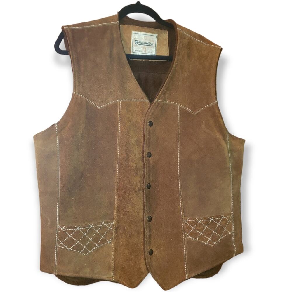 EUC Vintage Men's Ranchwear leather snap front Western vest sz 44 Natural color